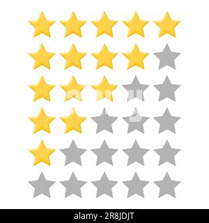 Five star rating of sites on the Internet. 5 star consumer rating for apps and websites. Yellow star icons in a row for customer voting for quality of Stock Vector