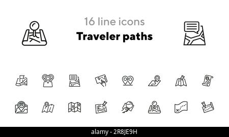 Traveler paths line icon set Stock Vector
