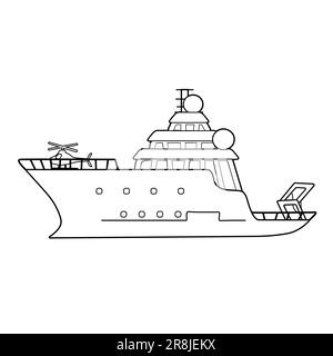 Black white research vessel for sea exploration, expedition ship with helicopter illustration. Can be used for coloring book Stock Vector