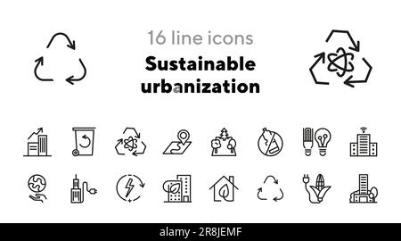 Sustainable urbanization line icon set Stock Vector