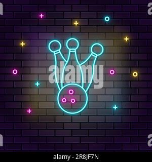 Bowling pins ball retro neon on wall. Dark background brick wall neon icon Stock Vector