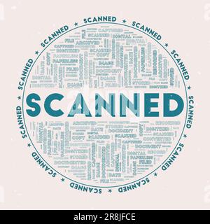 Scanned - round badge. Text scanned with keywords word clouds and circular text. Bermuda color theme and grunge texture. Radiant vector illustration. Stock Vector