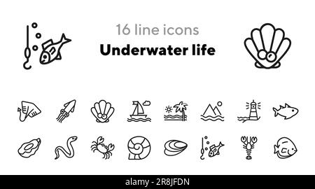 Underwater life line icon set Stock Vector