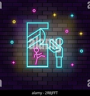 Child gamer retro console arcade neon on wall. Dark background brick wall neon icon Stock Vector