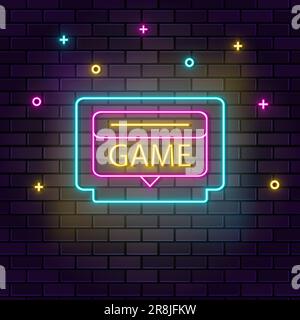 Game cartridge retro arcade neon on wall. Dark background brick wall neon icon Stock Vector