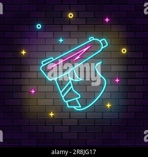 Gun shoot game retro arcade neon on wall. Dark background brick wall neon icon Stock Vector
