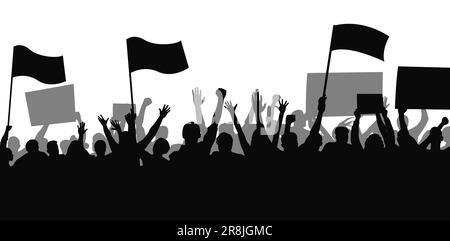 Crowd people flags, banners. Sports, crowds, fans. Demonstrations strikes, revolutions silhouette Stock Vector