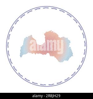 Latvia round logo. Digital style shape of Latvia in dotted circle with country name. Tech icon of the country with gradiented dots. Stock Vector