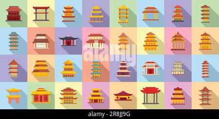 Pagoda icons set flat vector. Asian temple. Roof japanese Stock Vector