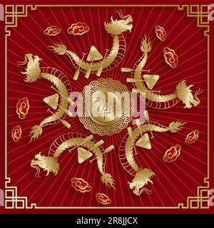 Dragon boat festival with gold paper cut art and craft style on color background with Asian elements (Chinese Translation: Dragon boat festival) Stock Vector