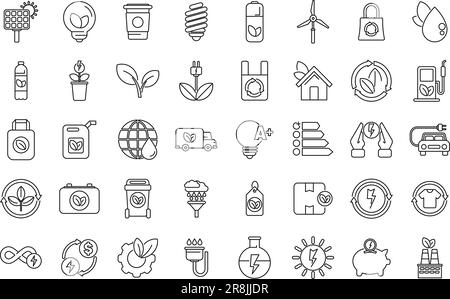 Environmentally friendly consumption icons set outline vector. Bio acumulator. Green energy Stock Vector