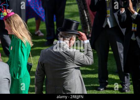 Ascot, Berkshire, UK. 21st June, 2023. His Majesty the King meets guests in the Parade Ring at Royal Ascot. Credit: Maureen McLean/Alamy Live News Stock Photo