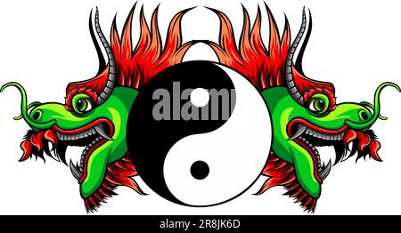 Yin Yang and head Chinese dragon on black background vector ...