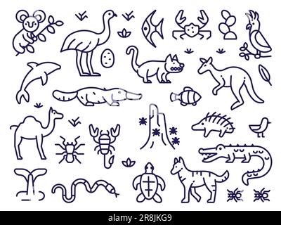 Australia Animals and Birds Line Art Icons Stock Vector