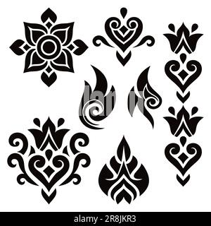 Thai vector traditional design elements set with flowers, hearts and swirls, ethnic decorative background from Thailand Stock Vector