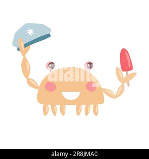 Cute cartoon style crab character smiling, captain hat and ice cream in claws, vector illustration Stock Vector