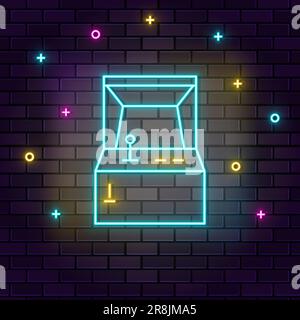 Console retro game arcade neon on wall. Dark background brick wall neon icon Stock Vector