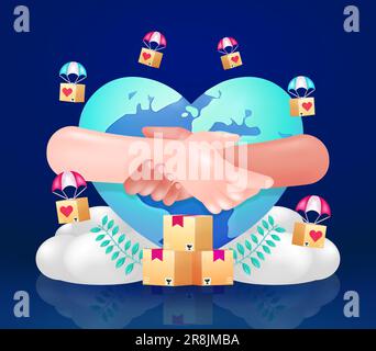 World Humanitarian Day, a pair of hands holding each other with a donation box element descending by parachute, against a heart-shaped earth backgroun Stock Vector