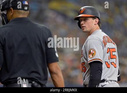 Baltimore Orioles catcher Adley Rutschman wears camouflage-style protective  equipment to mark Armed Forces Day weekend during the first inning of  baseball game action against the Toronto Blue Jays in Toronto, Ontario,  Friday