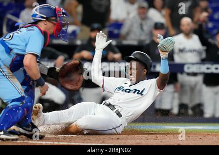 Miami Marlins' Jean Segura bats during the fifth inning of a baseball game  against the Cleveland Guardians, Sunday, April 23, 2023, in Cleveland. (AP  Photo/Nick Cammett Stock Photo - Alamy