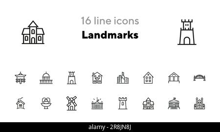 Landmarks line icon set. House, bridge, mill Stock Vector