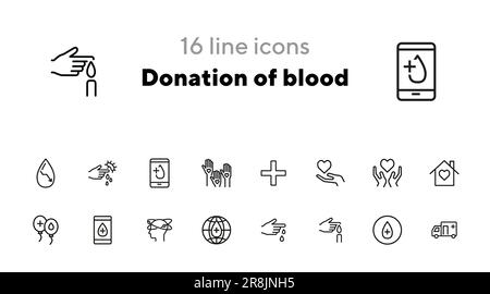 Donation of blood line icon set Stock Vector