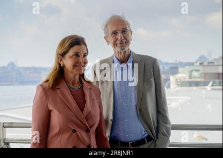 Architect Renzo Piano (R) and the Chair of Istanbul Modern Museum, Oya Eczacibasi (L) seen posing at the terrace. The Italian architect Renzo Piano attended the inauguration ceremony of the new building of Istanbul Modern Museum at Karakoy waterfront. In a press conference, the Chair of Istanbul Modern, Oya Eczacibasi and Renzo Piano, the designer of the building, presented the concept and vision of the Museum, while a contemporary guided tour to spaces and collections of Turkish artists and photographers is taking place. (Photo by Valeria Ferraro/SOPA Images/Sipa USA) Stock Photo