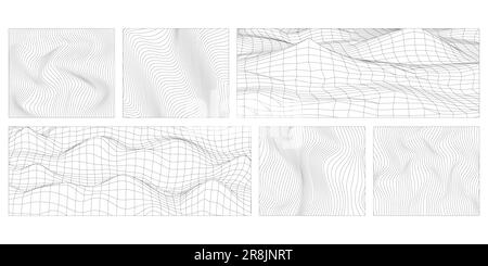 Abstract Vector wavy lines on a white background. Set of Geometric dynamic waves. 3D technology wireframe, abstract mountain landscape. Distorted wire Stock Vector