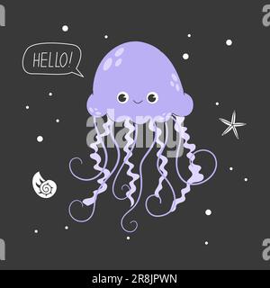 Card with purple cute jellyfish. Stock Vector