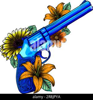 Revolver and flowers vector illustration on white background Stock Vector