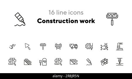 Construction work line icon set. Building brick Stock Vector