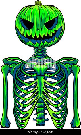 head pumpkin on human skeleton. vector illustration on white background digital hand draw Stock Vector