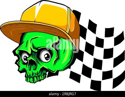 yellow human Skull with race Flag and bonnet vector illustration hand draw Stock Vector