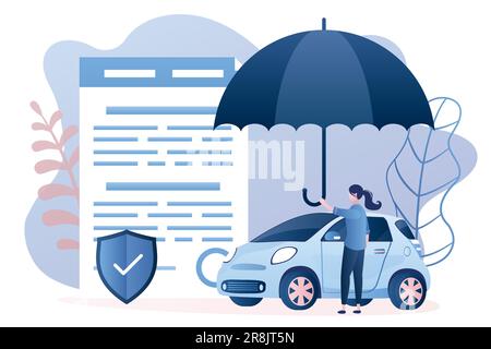 Car insurance concept. Woman hold umbrella, modern car with agreement. Warranty and shield symbol that guards vehicle from accident, damage or collisi Stock Vector