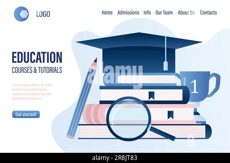 Online education or business training webpage template. Distance education landing page. Courses and tutorials webpage. Pile of books,graduate hat win Stock Vector