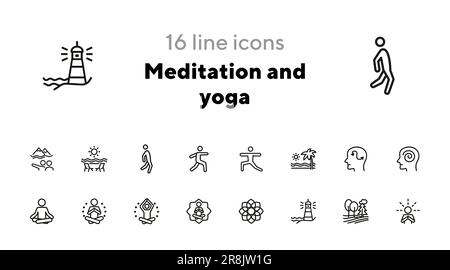 Meditation and yoga line icon set Stock Vector
