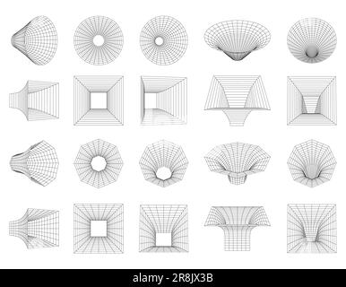 A set of wireframe geometric shapes. Network line concept. Polygonal shapes, Funnels, tunnels, distorted, deformed shapes, grids. 3D mesh. Graphic des Stock Vector