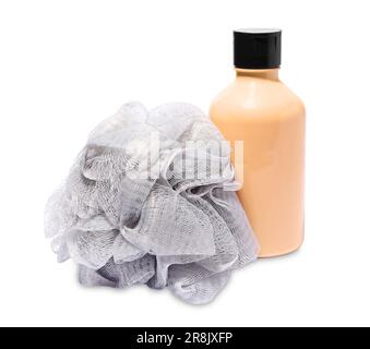New grey shower puff and bottle of cosmetic product on white background Stock Photo