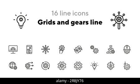 Grids and gears line icons Stock Vector