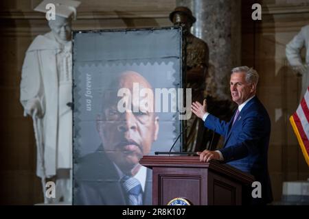 Speaker of the United States House of Representatives Kevin McCarthy (Republican of California) offers remarks during a stamp unveiling ceremony in honor of the late civil rights icon and former US Representative John Lewis (Democrat of Georgia), in Statuary Hall at the US Capitol in Washington, DC, Wednesday, June 21, 2023. Credit: Rod Lamkey/CNP Stock Photo
