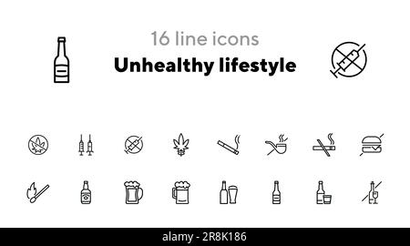 Unhealthy lifestyle line icon set Stock Vector