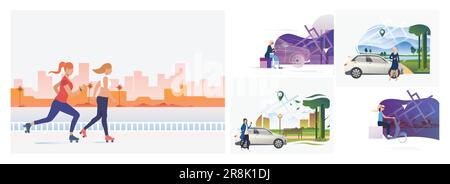Set of drivers standing at vehicles outside and using cellphones Stock Vector
