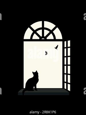 Indoor cat silhouette at the window, wathing birds. Copy space vector illustration Stock Vector
