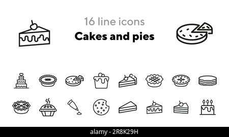 Cakes and pies line icon set Stock Vector