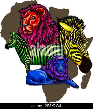 vector illustration of lion and zebra in africa Stock Vector