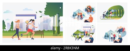 Set of young man thinking about vacation with family Stock Vector