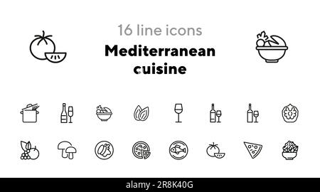 Mediterranean cuisine line icon set Stock Vector