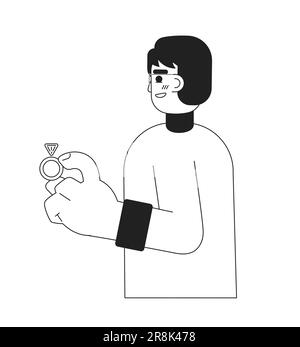Asian young man holding diamond engagement ring monochromatic flat vector character Stock Vector
