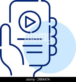 Mobile app for listening to podcasts or audio books. Hand holding a smartphone. Pixel perfect, editable stroke icon Stock Vector