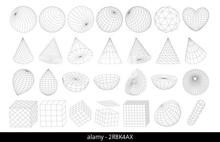 A set of frame geometric shapes. Surface grid and sphere ball, cubes, cones, hemispheres, heart. Retro futuristic grids, 3D mesh objects. Isolated Vec Stock Vector